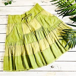 VTG Y2K FREE PEOPLE TIERED RAW EDGE GREEN YELLOW MIDI SKIRT ELASTIC DRAWSTRING